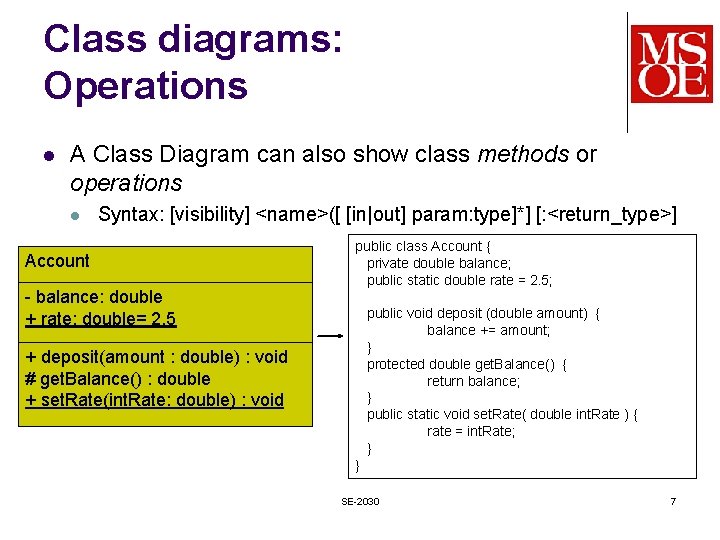 Class diagrams: Operations l A Class Diagram can also show class methods or operations