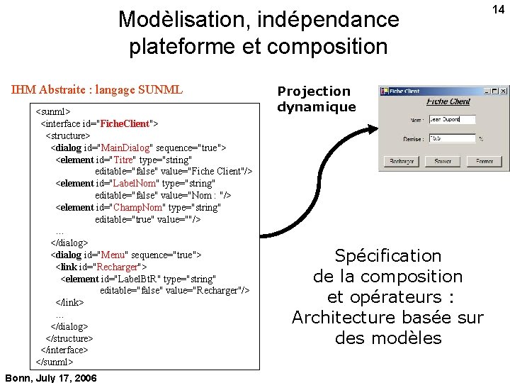 Modèlisation, indépendance plateforme et composition IHM Abstraite : langage SUNML <sunml> <interface id="Fiche. Client">