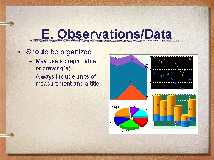 E. Observations/Data • Should be organized – May use a graph, table, or drawing(s)