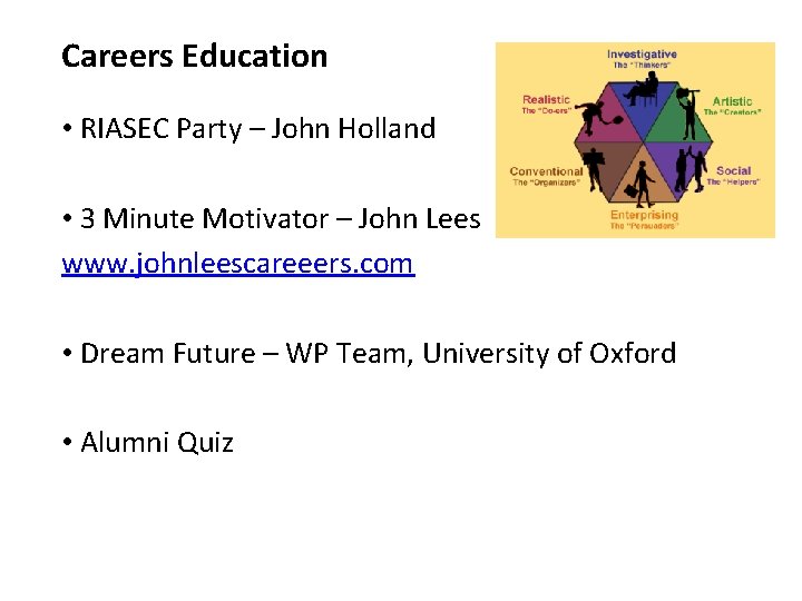 Careers Education • RIASEC Party – John Holland • 3 Minute Motivator – John