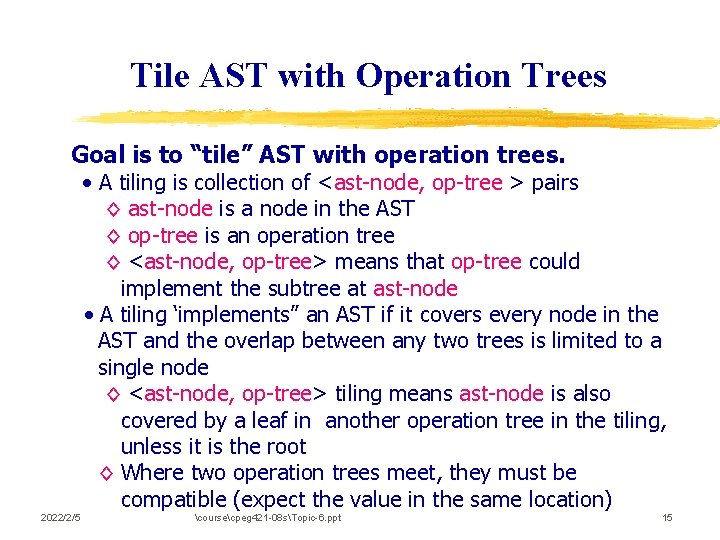 Tile AST with Operation Trees Goal is to “tile” AST with operation trees. •