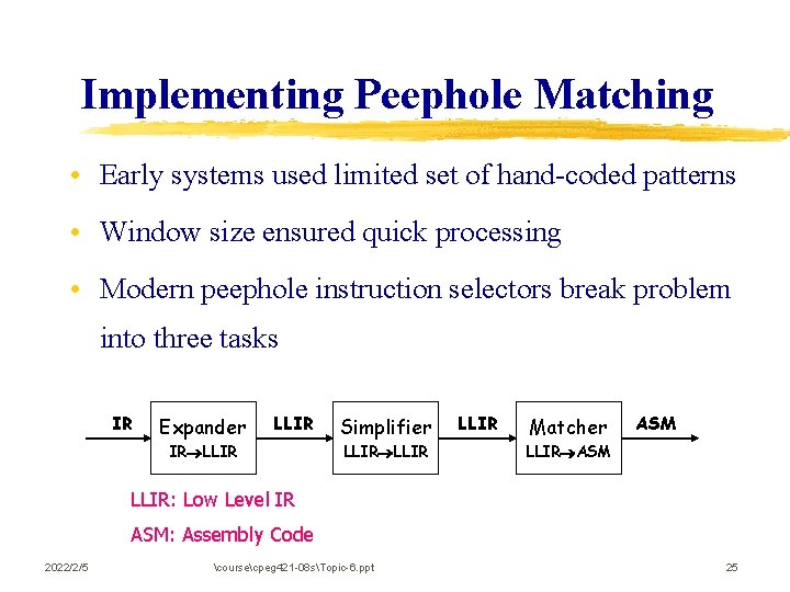 Implementing Peephole Matching • Early systems used limited set of hand-coded patterns • Window