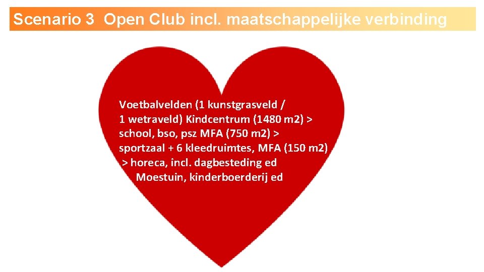 Scenario 3 Open Club incl. maatschappelijke verbinding Voetbalvelden (1 kunstgrasveld / 1 wetraveld) Kindcentrum