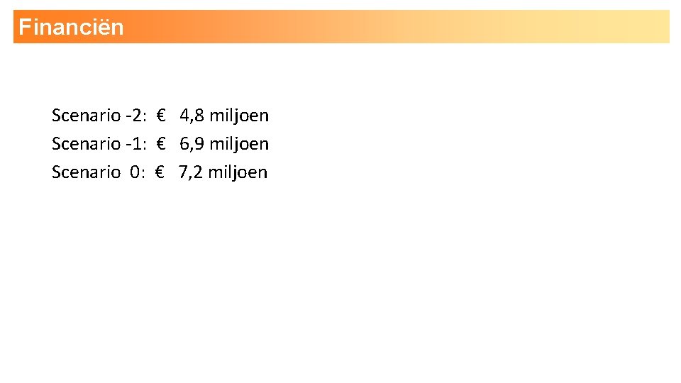 Financiën Scenario -2: € 4, 8 miljoen Scenario -1: € 6, 9 miljoen Scenario