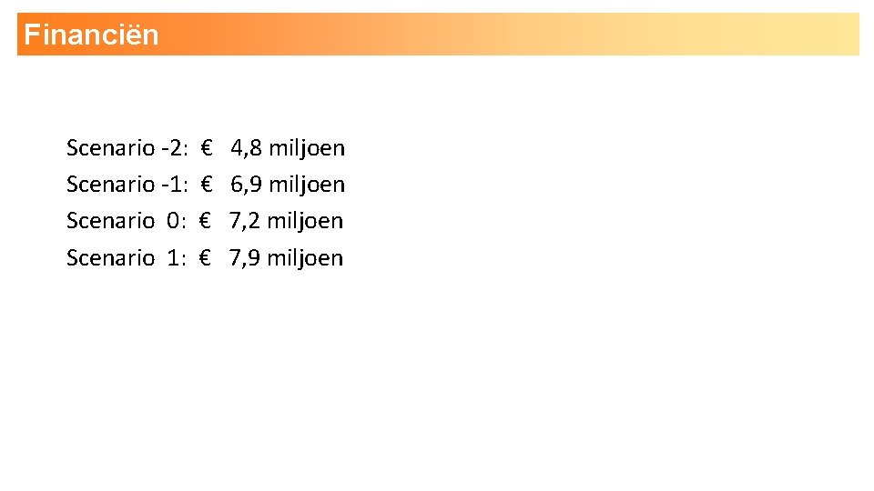 Financiën Scenario -2: Scenario -1: Scenario 0: Scenario 1: € € 4, 8 miljoen