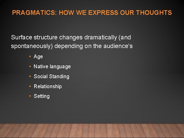 PRAGMATICS: HOW WE EXPRESS OUR THOUGHTS Surface structure changes dramatically (and spontaneously) depending on