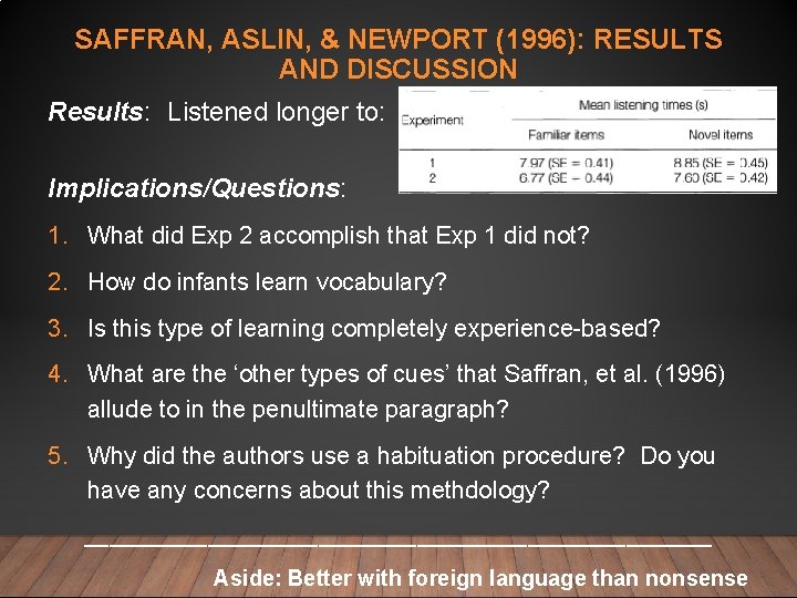 SAFFRAN, ASLIN, & NEWPORT (1996): RESULTS AND DISCUSSION Results: Listened longer to: Implications/Questions: 1.