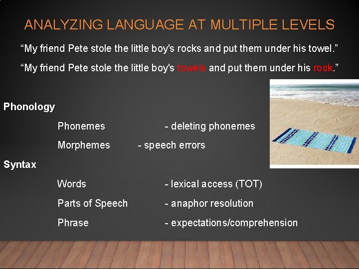 ANALYZING LANGUAGE AT MULTIPLE LEVELS “My friend Pete stole the little boy's rocks and