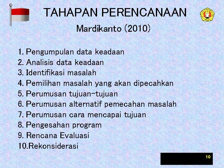 TAHAPAN PERENCANAAN Mardikanto (2010) 1. Pengumpulan data keadaan 2. Analisis data keadaan 3. Identifikasi