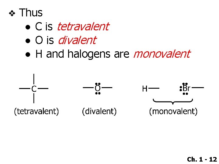 v Thus ● C is tetravalent ● O is divalent ● H and halogens