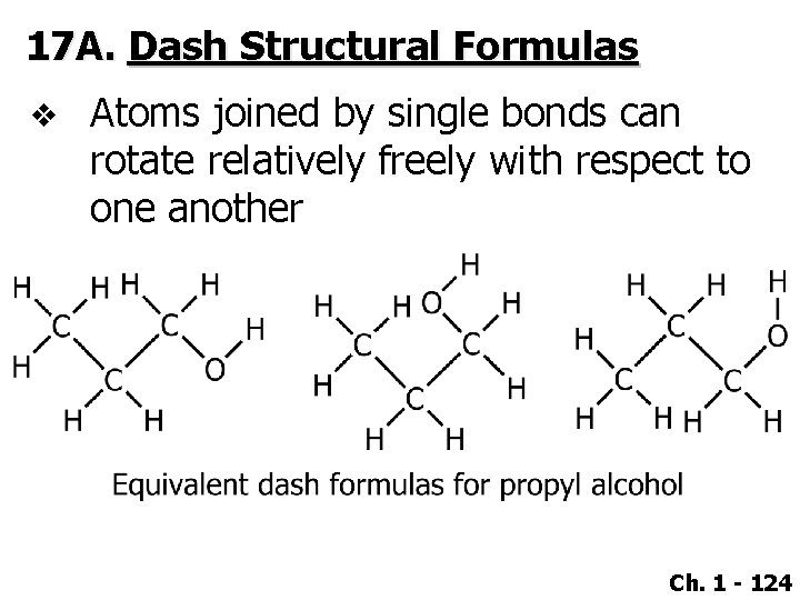 17 A. Dash Structural Formulas v Atoms joined by single bonds can rotate relatively