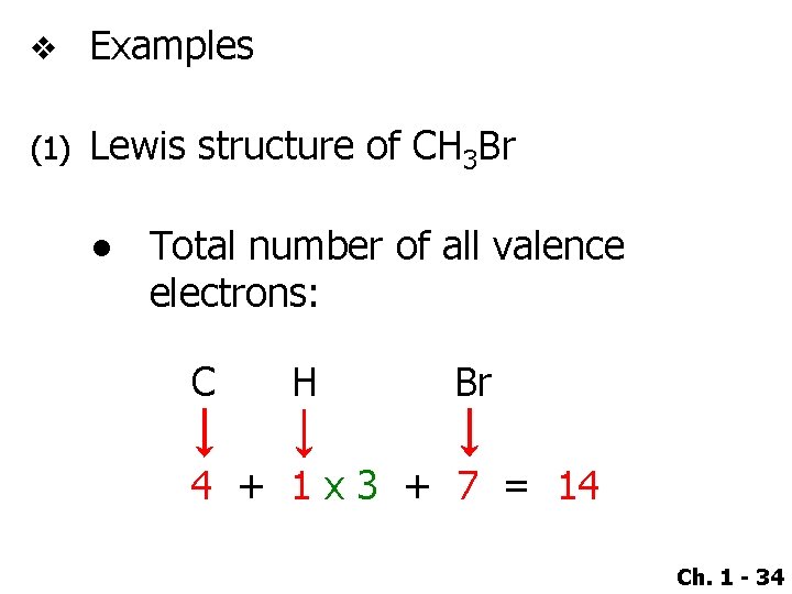 v Examples (1) Lewis structure of CH 3 Br ● Total number of all