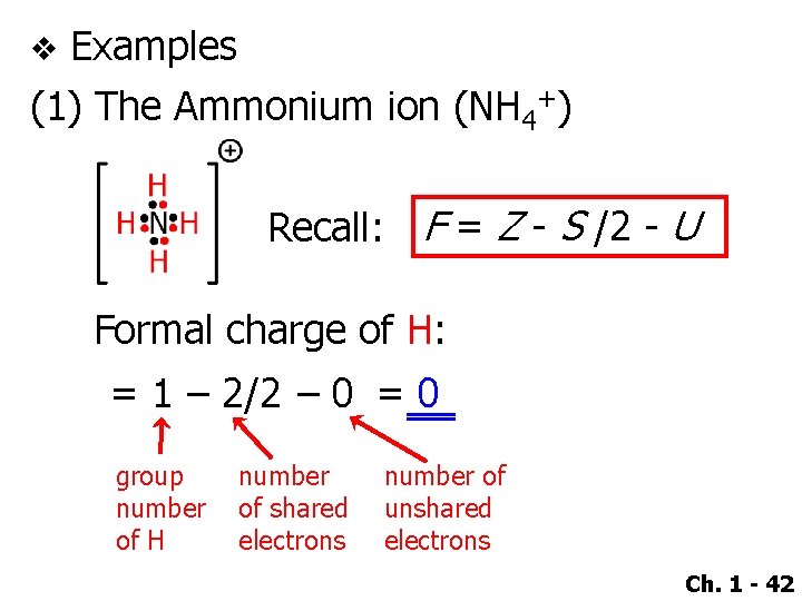Examples (1) The Ammonium ion (NH 4+) v Recall: F = Z - S