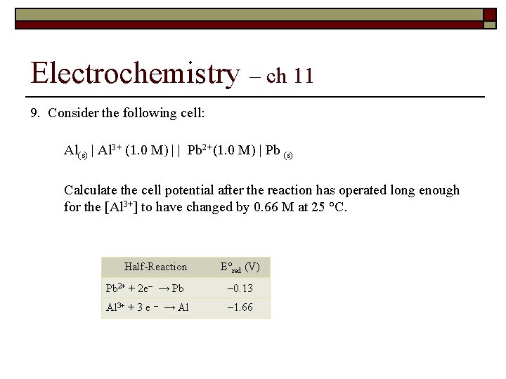 Electrochemistry – ch 11 9. Consider the following cell: Al(s) | Al 3+ (1.