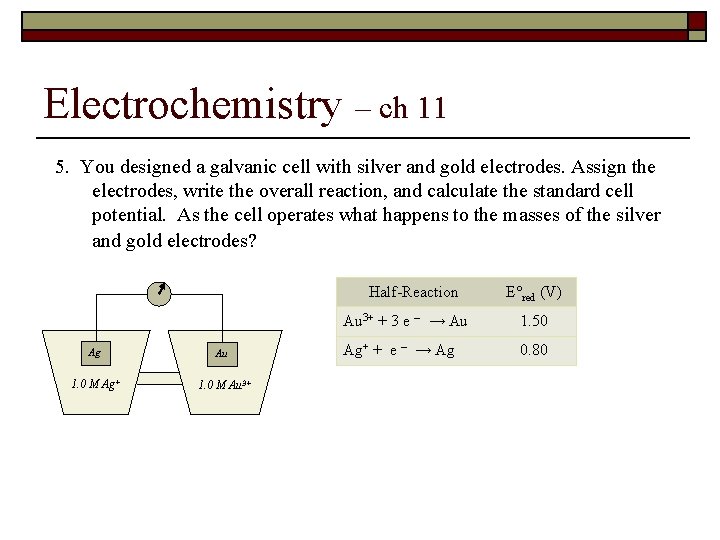 Electrochemistry – ch 11 5. You designed a galvanic cell with silver and gold