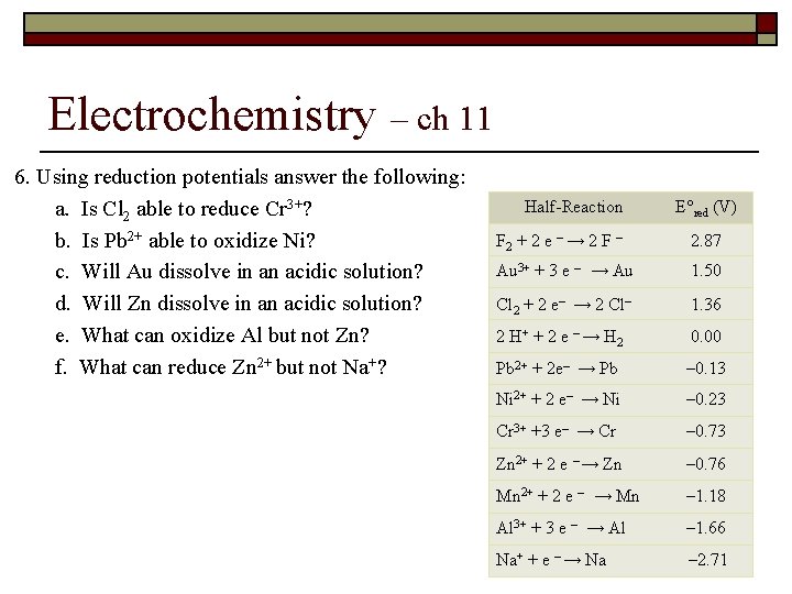 Electrochemistry – ch 11 6. Using reduction potentials answer the following: a. Is Cl