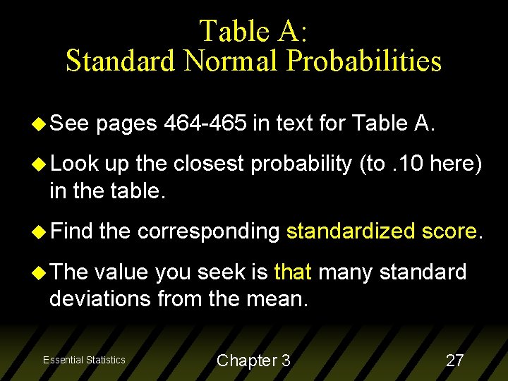 Table A: Standard Normal Probabilities u See pages 464 -465 in text for Table