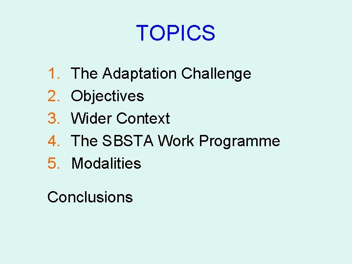 TOPICS 1. 2. 3. 4. 5. The Adaptation Challenge Objectives Wider Context The SBSTA