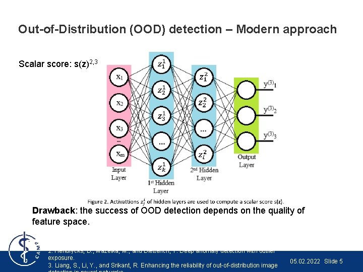 Out-of-Distribution (OOD) detection – Modern approach Scalar score: s(z)2, 3 Drawback: the success of