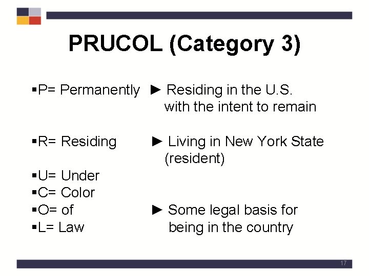 PRUCOL (Category 3) §P= Permanently ► Residing in the U. S. with the intent