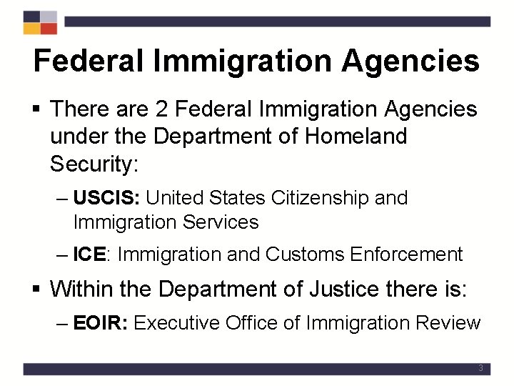 Federal Immigration Agencies § There are 2 Federal Immigration Agencies under the Department of