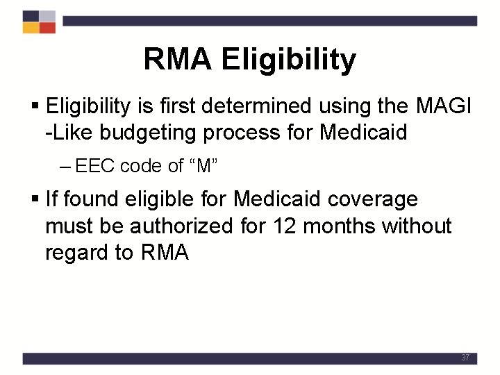 RMA Eligibility § Eligibility is first determined using the MAGI -Like budgeting process for