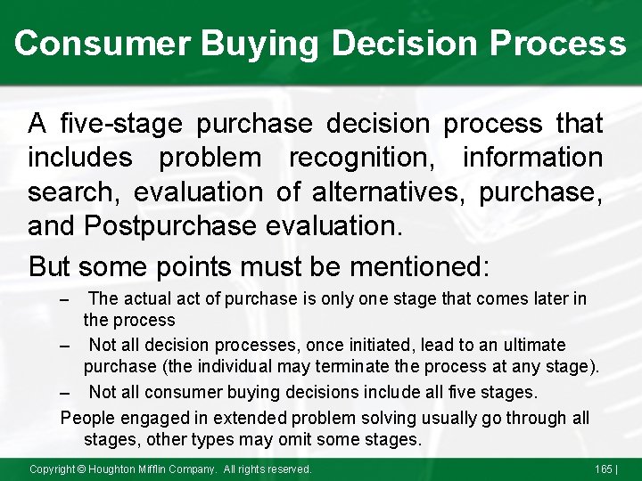 Consumer Buying Decision Process A five-stage purchase decision process that includes problem recognition, information