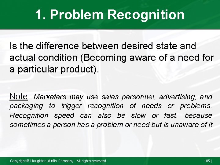 1. Problem Recognition Is the difference between desired state and actual condition (Becoming aware