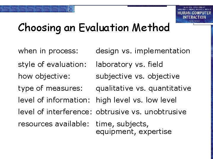 Choosing an Evaluation Method when in process: design vs. implementation style of evaluation: laboratory
