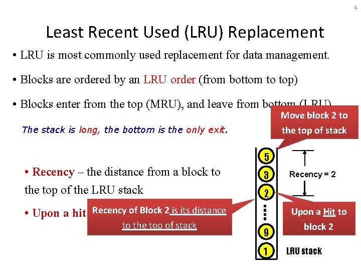 4 Least Recent Used (LRU) Replacement • LRU is most commonly used replacement for