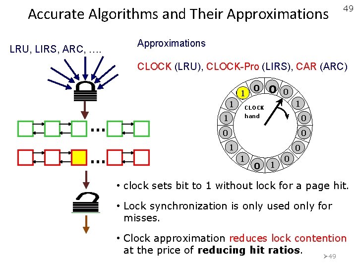 Accurate Algorithms and Their Approximations LRU, LIRS, ARC, …. 49 Approximations CLOCK (LRU), CLOCK-Pro