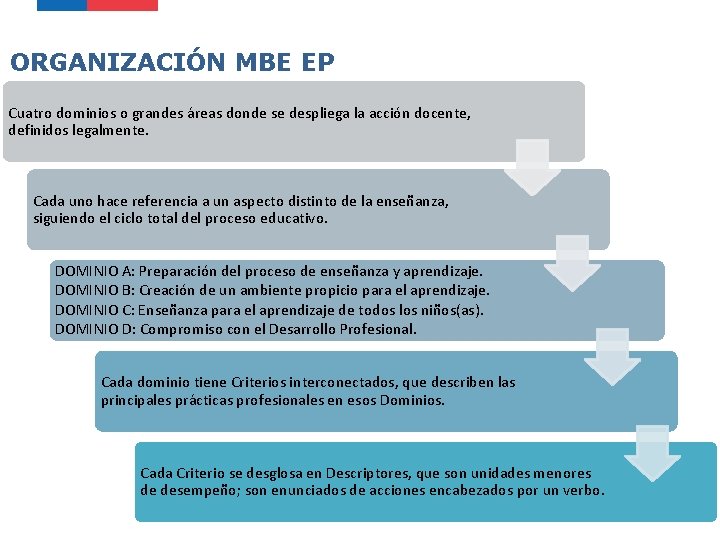 ORGANIZACIÓN MBE EP Cuatro dominios o grandes áreas donde se despliega la acción docente, ORGANIZACIÓN MBE EP Cuatro dominios o grandes áreas donde se despliega la acción docente,