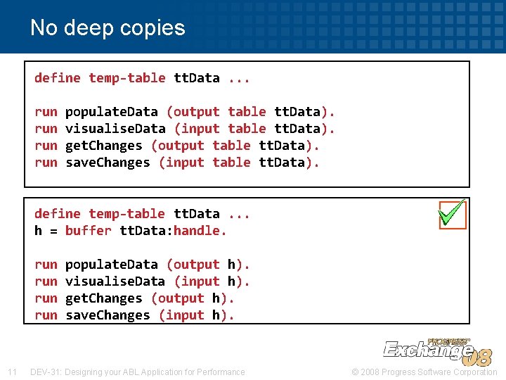 No deep copies define temp-table tt. Data. . . run run populate. Data (output