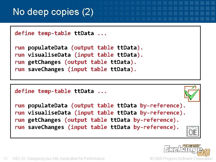 No deep copies (2) define temp-table tt. Data. . . run run populate. Data