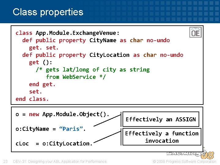 Class properties class App. Module. Exchange. Venue: def public property City. Name as char