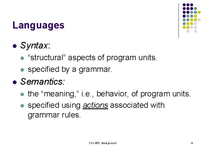 Languages l Syntax: l l l “structural” aspects of program units. specified by a