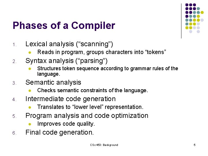 Phases of a Compiler 1. Lexical analysis (“scanning”) l 2. Syntax analysis (“parsing”) l