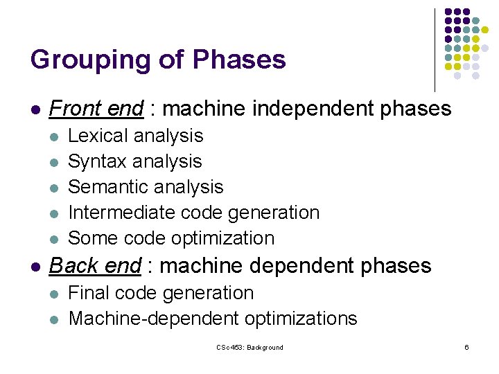 Grouping of Phases l Front end : machine independent phases l l l Lexical