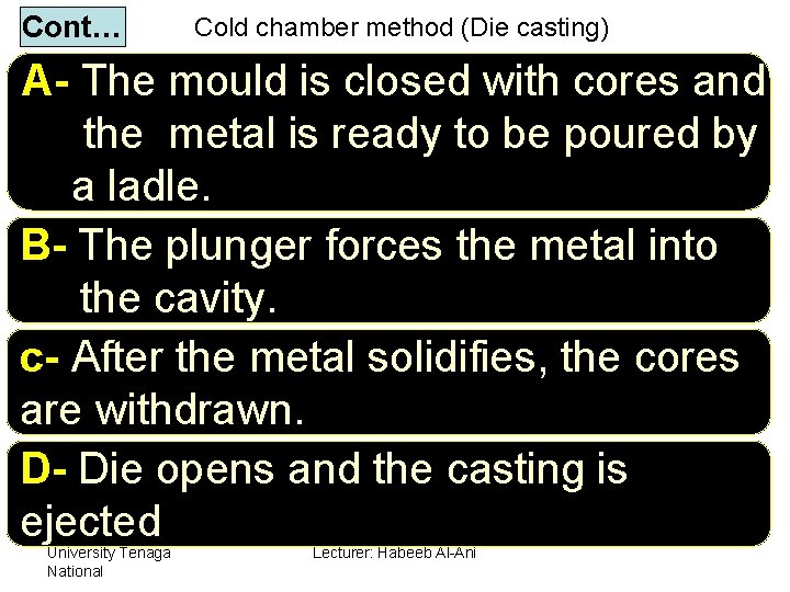 Cont… Cold chamber method (Die casting) A- The mould is closed with cores and