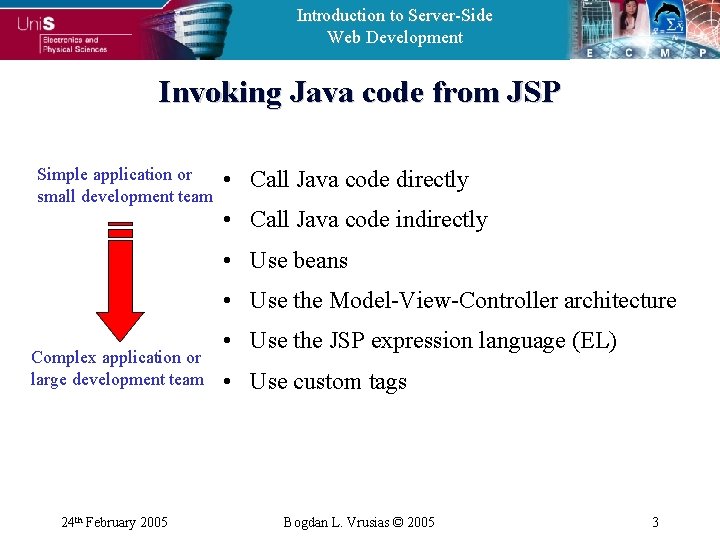 Introduction to Server-Side Web Development Invoking Java code from JSP Simple application or small