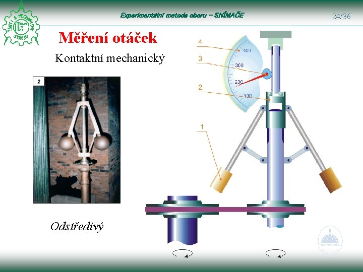 Experimentální metoda oboru – SNÍMAČE Měření otáček Kontaktní mechanický Odstředivý 24/36 