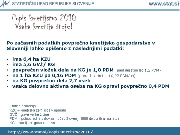 Po začasnih podatkih povprečno kmetijsko gospodarstvo v Sloveniji lahko opišemo z naslednjimi podatki: •