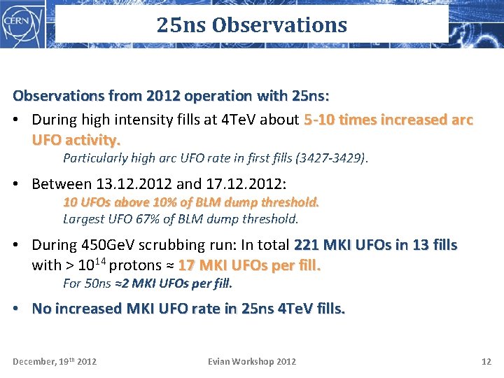25 ns Observations from 2012 operation with 25 ns: • During high intensity fills