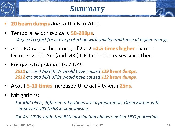 Summary • 20 beam dumps due to UFOs in 2012. • Temporal width typically