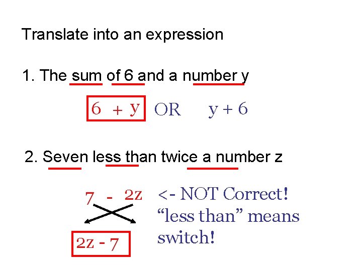 Translate into an expression 1. The sum of 6 and a number y 6