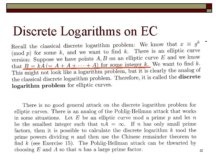 Discrete Logarithms on EC 22 