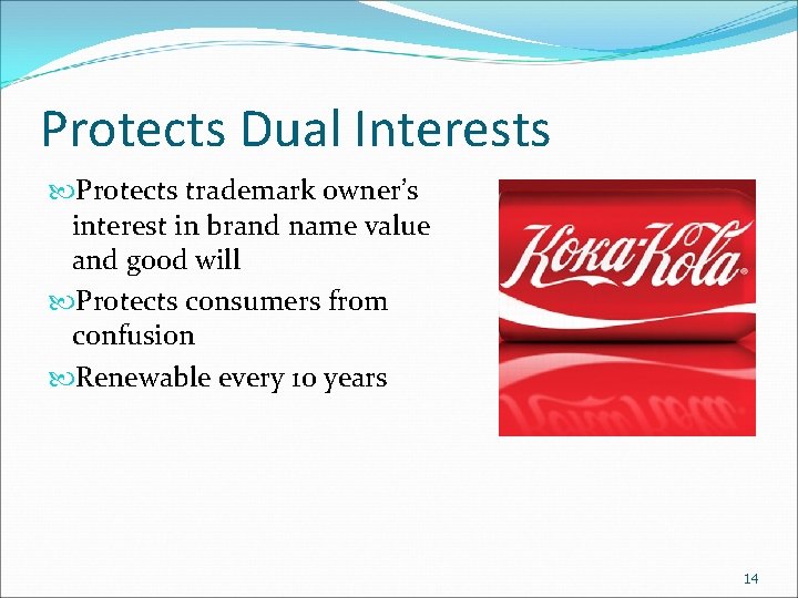 Protects Dual Interests Protects trademark owner’s interest in brand name value and good will