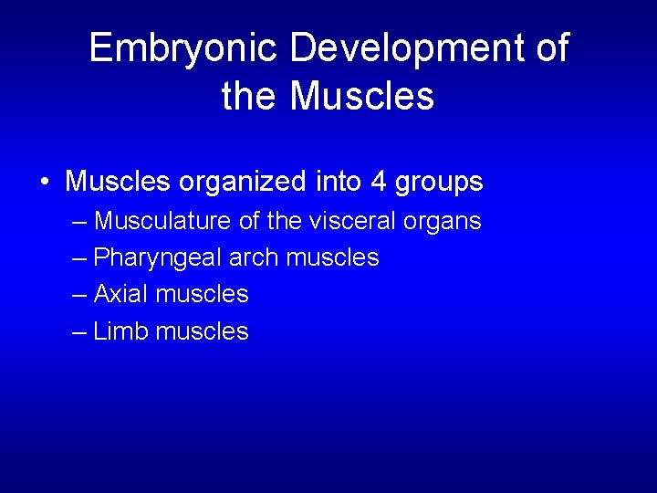 Embryonic Development of the Muscles • Muscles organized into 4 groups – Musculature of