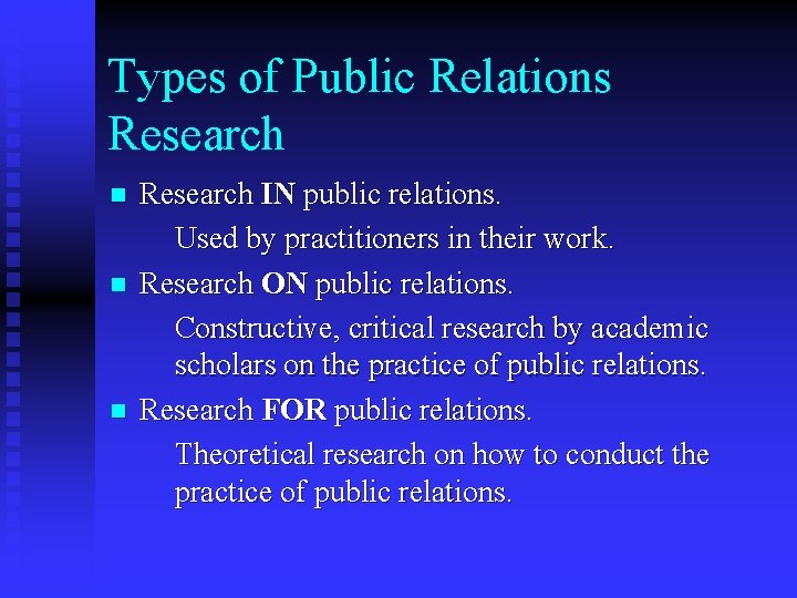 Types of Public Relations Research n n n Research IN public relations. Used by