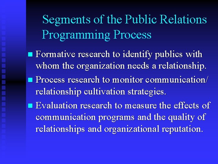 Segments of the Public Relations Programming Process Formative research to identify publics with whom
